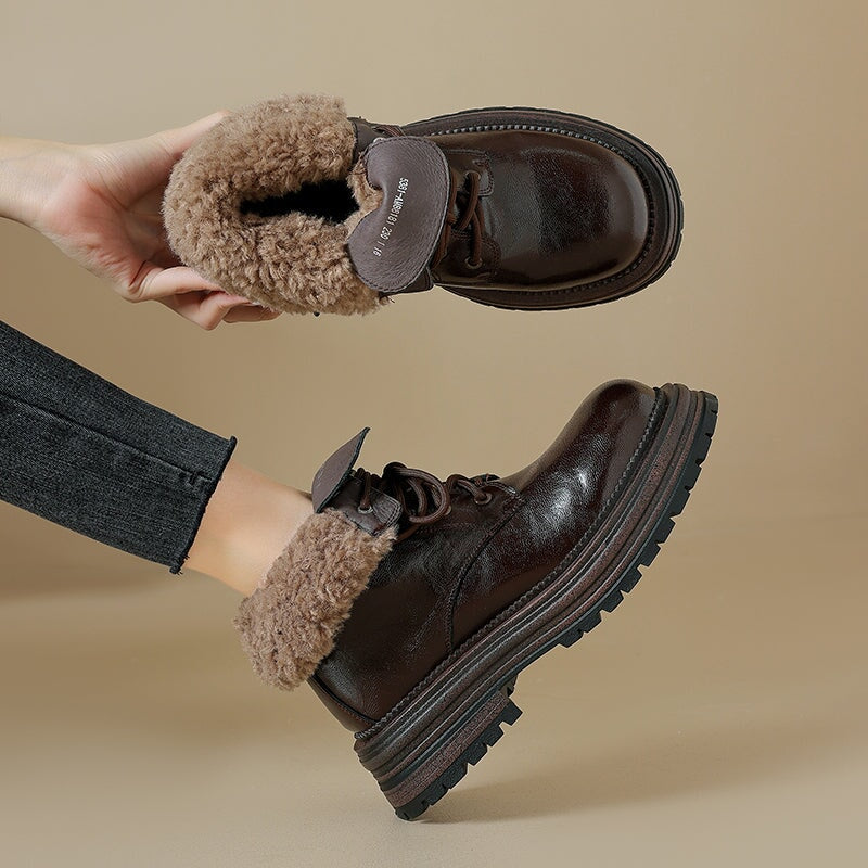 45mm Platform Shearling Lined Leather Combat Boots Designer High Top Boots in Coffee/Black 7 / Black