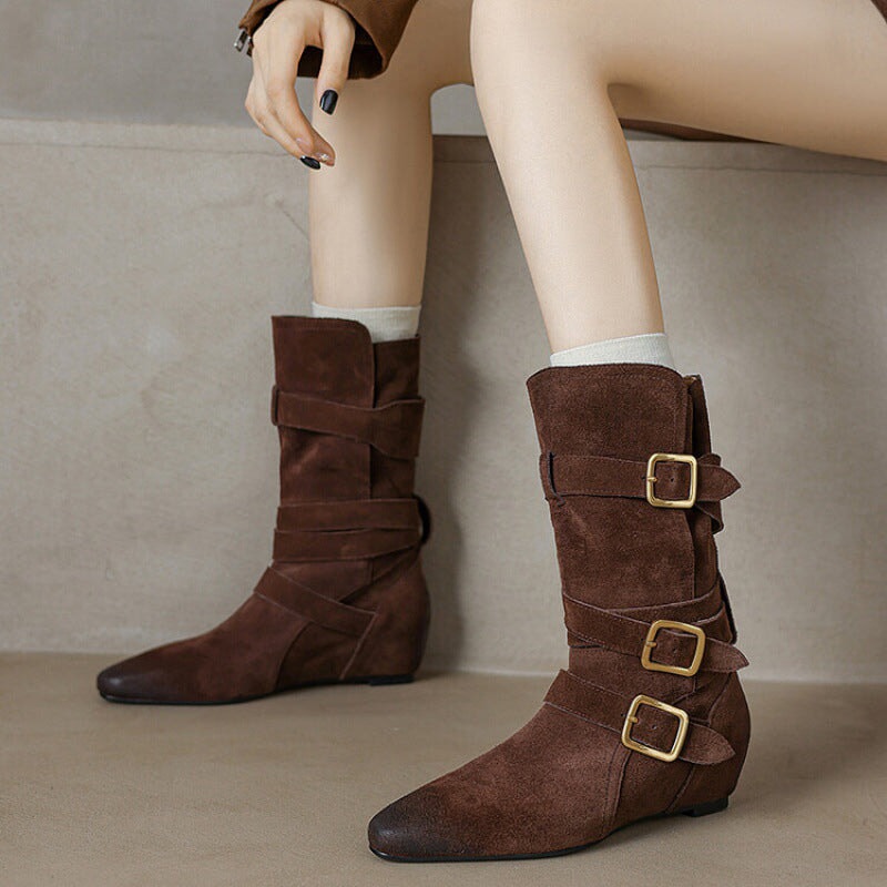 CHANEL 25S MID-CALF BOOTS 45MM IN BEIGE CALFSKIN AND WHITE TWEED GOLD HARDWRE