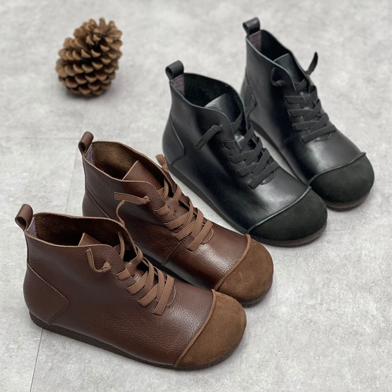 zero drop women's dress shoes Zero Drop Genuine Leather Soft Barefoot Boots For Women Round Toe Lace Up Mori Girl Style Ankle Boots Wide Fit Black/Coffee 8 / Coffee