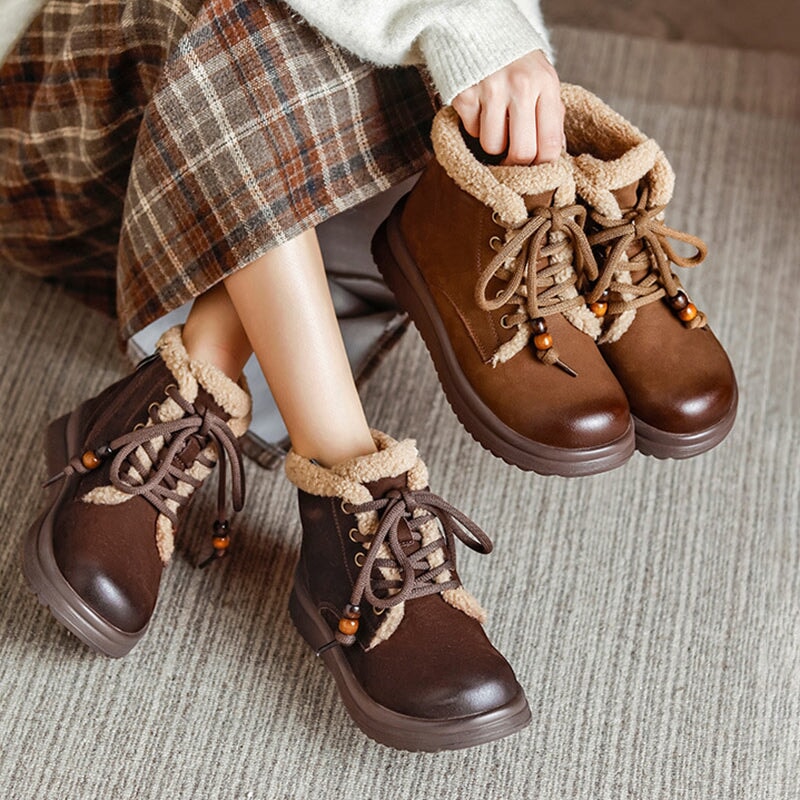 Women’s Winter Leather Platform Short Boots Fur Trim Lace-Up & Side-Zip Warm Boots in Khaki/Brown 6 / Brown Short Plush