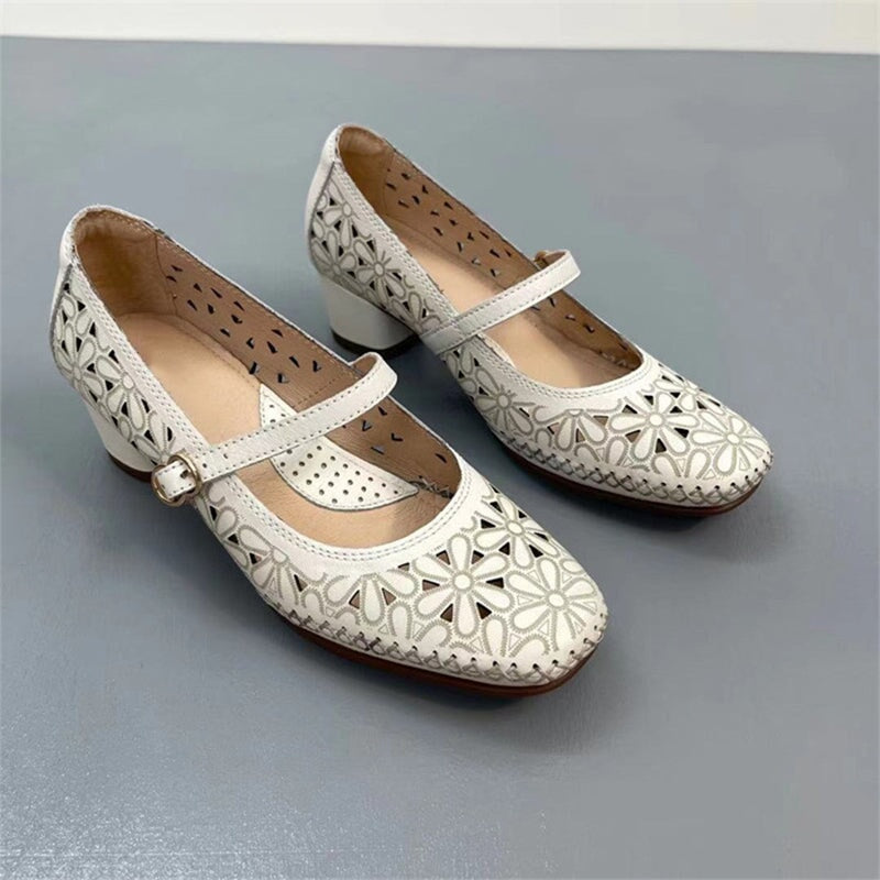 Genuine Leather Cut Out Mary Jane Pumps Block Heel Sandals in Beige/Br