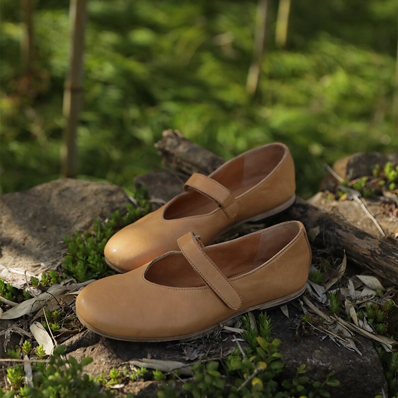 Goodyear Horse Leather Shoes For Women Flat Round Toe Mary Jane