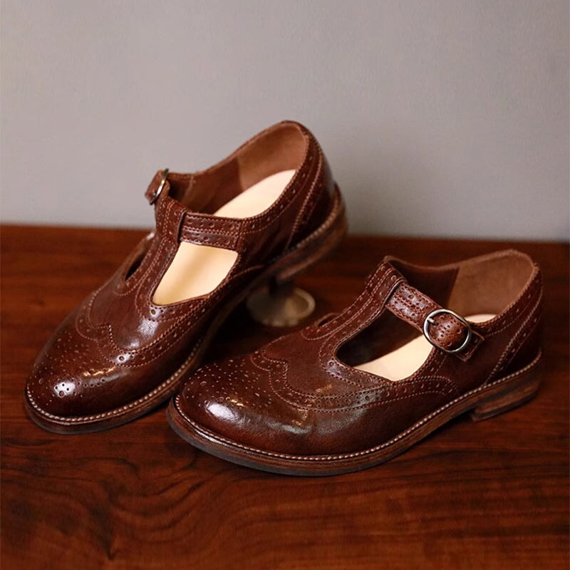 Hand Stitching Horse Leather Brogue Mary Jane Shoes For Women in Coffe –  Dwarves Shoes