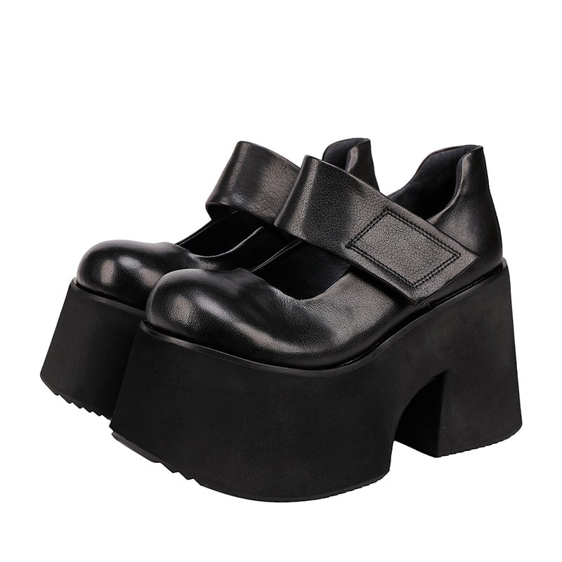 100mm Edgy Handmade Leather Platform Mary Jane Heels with Velcro