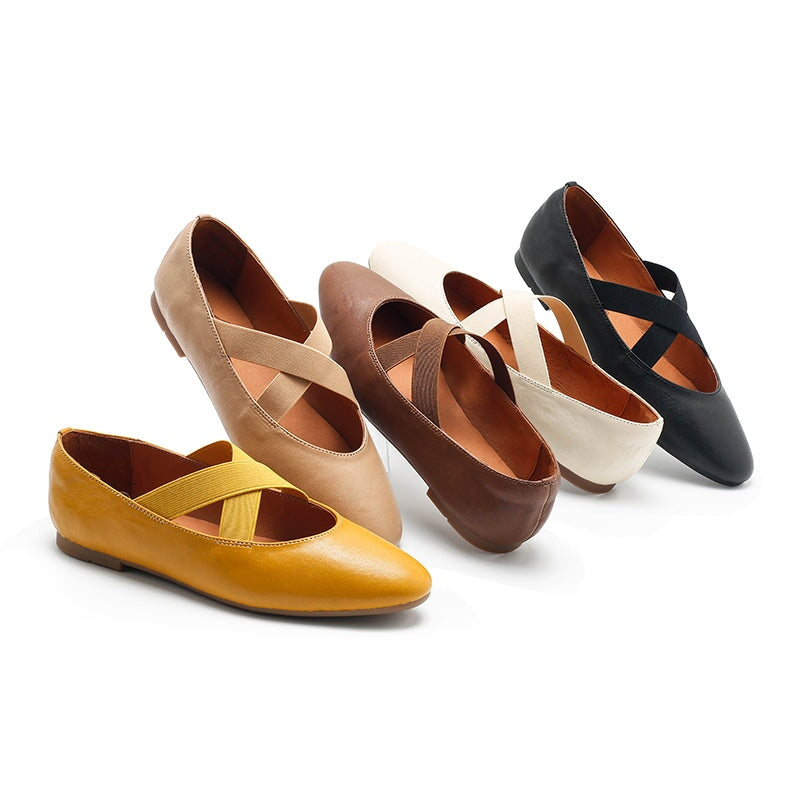 Korean Leather Cross-Strap Ballet Flats in  Black, Silver and Leopard print