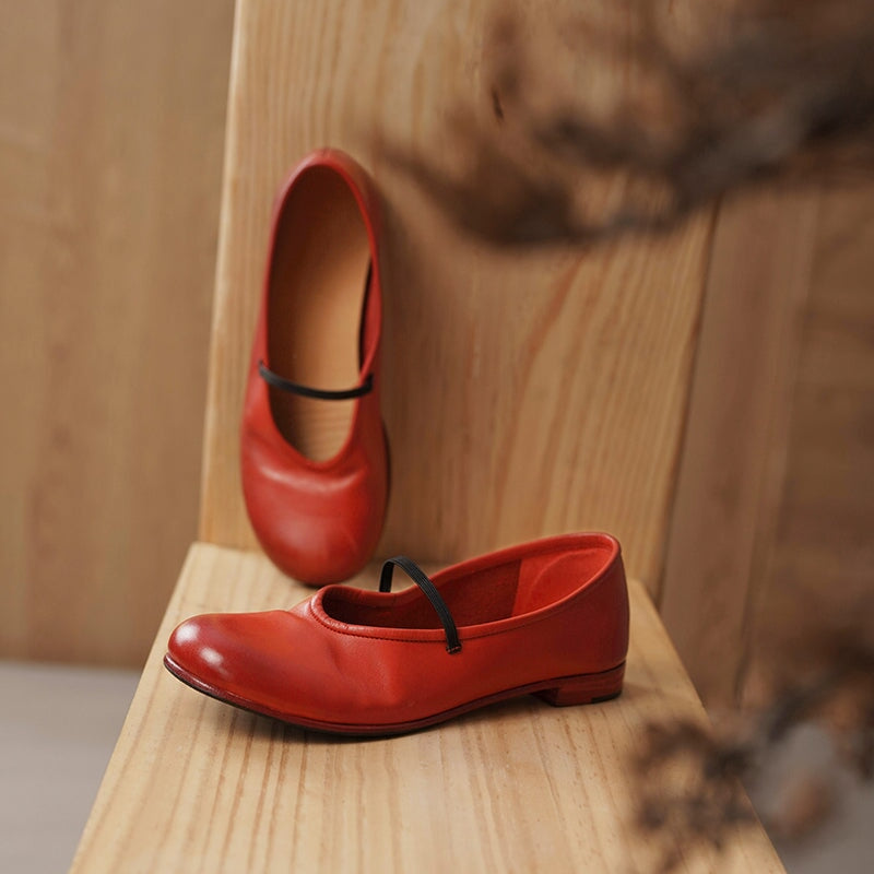 Horse Leather Mary Jane Shoes For Women Flat Ballet Flats Leather