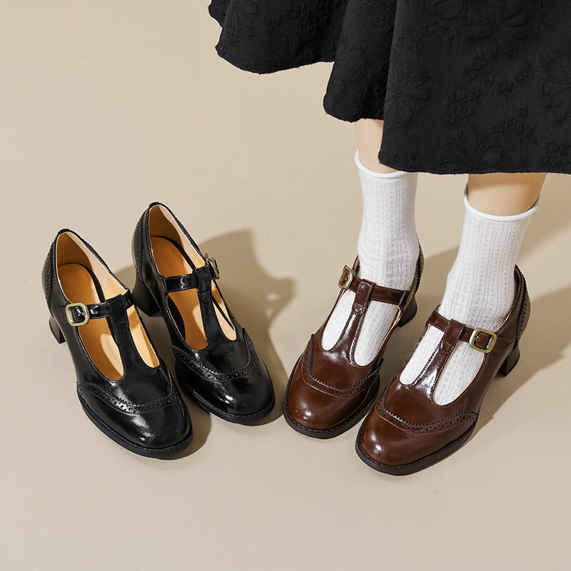 Rosie | Women's Leather T-Strap Mary Jane Shoes Brogue Block Heel