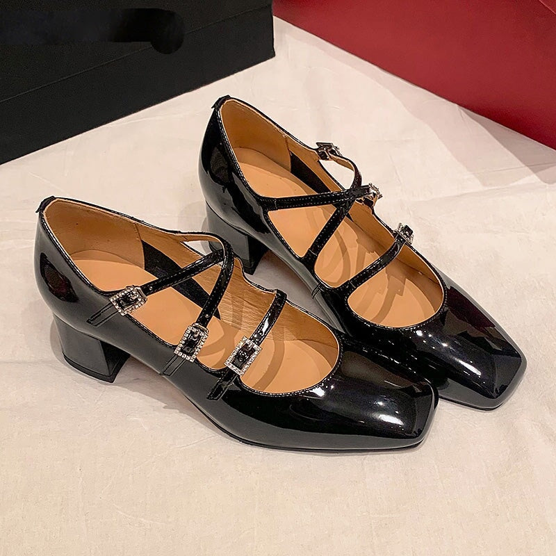 Leather Mary Jane Pumps 40mm Triple-Strap Block Heel – Dwarves Shoes