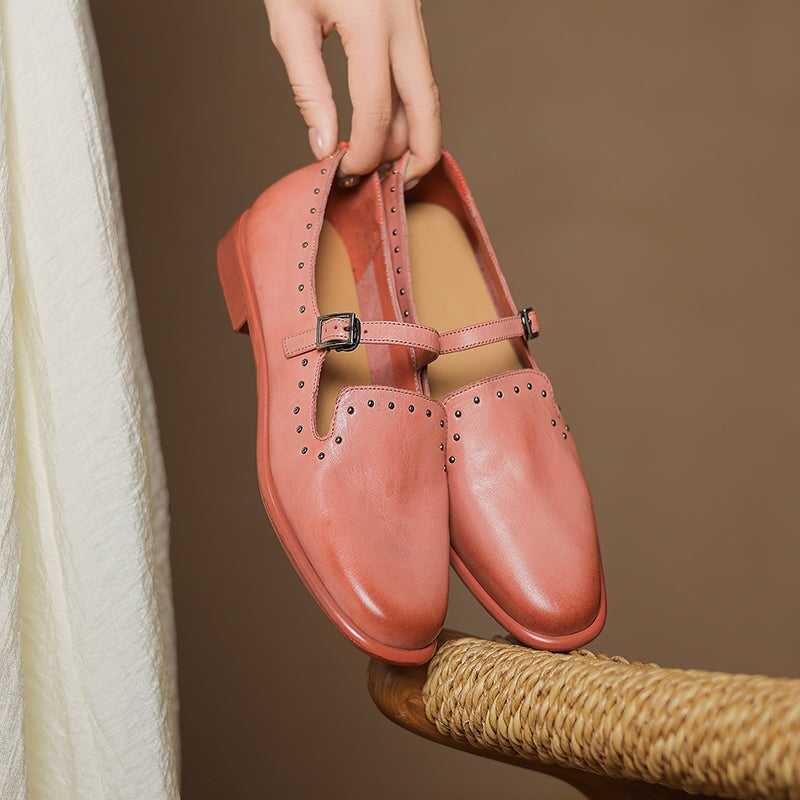 Elegant Buckle Strap Mary Jane Leather Shoes with Rivet Detailing in Black/Pink/Grey/Coffee 6.5 / Coffee