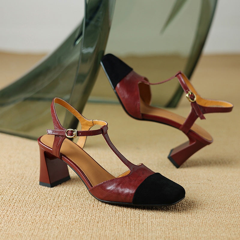 Handmade Sheepskin Sandals T-Strap Mary Jane Heels Detail in  Red/Black/Coffee