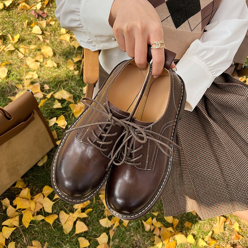 Round Toe Derby Shoes For Women Handmade Horse Leather in Brown/Black 7.5 / Black