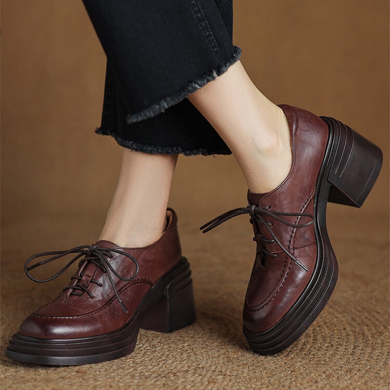Women Round Toe Lace Up Leather Chunky Derby Shoes 70mm  display picture 3