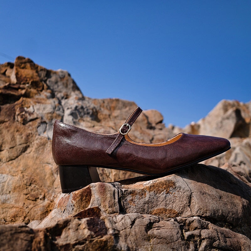 brown square toe dress shoes Handmade Genuine Leather Mary Jane Pumps in Brown/Black 7.5 / Size:40X30 fall_2024 Blue Velvet Malini Reformation day comfort Rubber sole