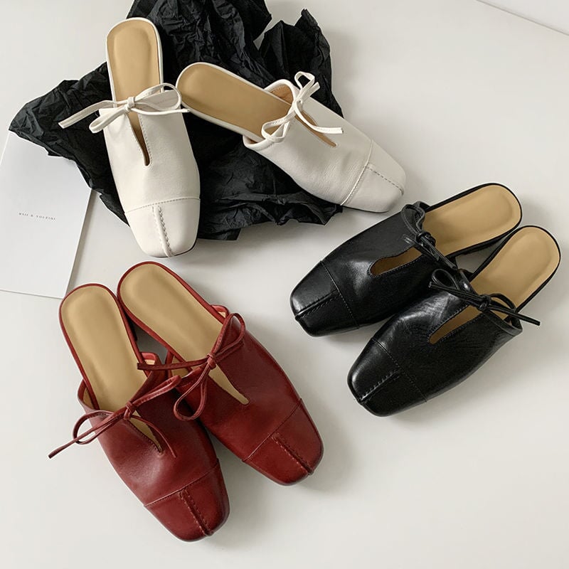 SL SQUARE TOE FLAT MULES LEMON SATIN