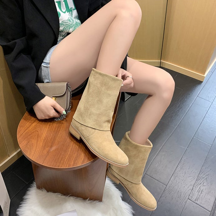 Womens Leather Mid Calf Boots In Black/Apricot Embellished suede Foldover boots