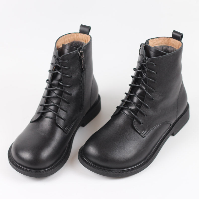 Women Leather Ankle Boots Soft Bottom Flat Round Toe Big Head Retro Martin Boots Coffee Black