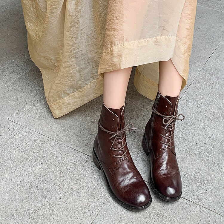 Handmade Fashion Martin Boots Women Genuine Leather Lace-Up Oxfords Round Toe Chunky Ankle Booties Back Zipper Black/Brown 5.5 / Brown Handmade Fashion Martin Boots Women Genuine Leather Lace-Up Oxfords Round Toe Chunky Ankle Booties Back Zipper Black/Brown 5.5 / Brown