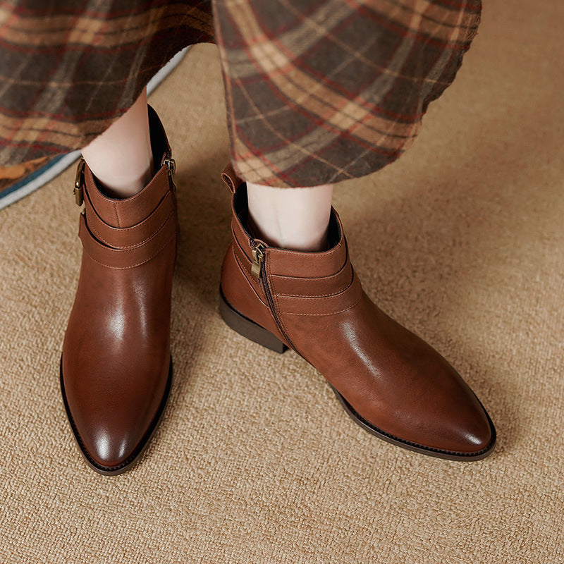 Classic Women's Leather Chelsea Boots Buckle Decorate and Side Zip in