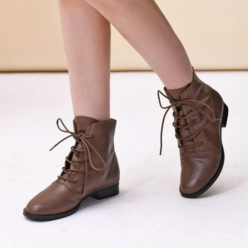 Retro Women Lace Up Short Boots Handmade Full Grain Leather Black/Brow – Dwarves Shoes