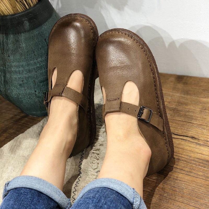 Handmade Flat Mary Jane Round Toe  Retro Buckle Sandals Black/Coffee
