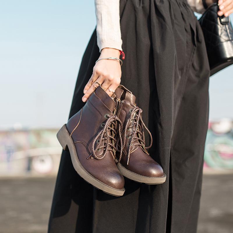 Waxing Sheepskin Leather Combat Boots Lace Up Martin Boots Black/Coffe