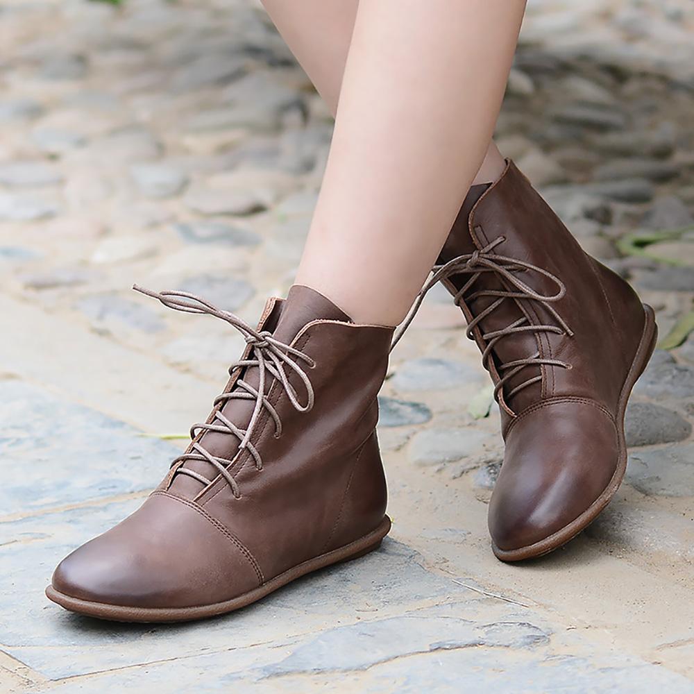 Mid Top Flat Brown Lace Up Boots Oxfords For Women Lace Up Flat