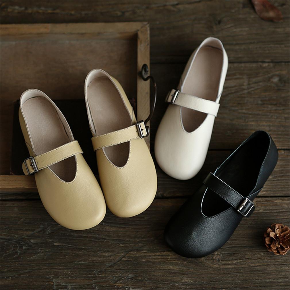 Handmade Women's Calf Leather Mary Jane Shoes Round Toe Soft Sole Buckle  Slip On Black/Beige/Faint Yellow