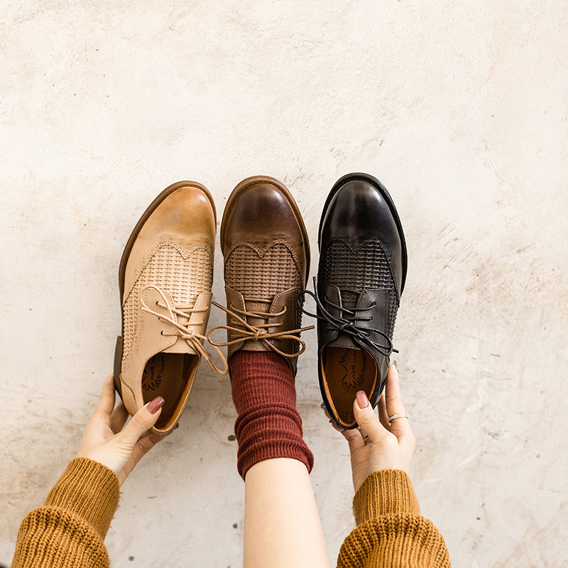 Dwarves Leather Woven Wingtip Brogues Oxfords & Tie Shoes For Women No