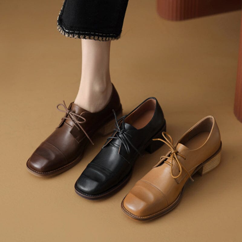 Mid Heel Cap Toe Derby Shoes For Women Block Heels Normal Fit in Apric