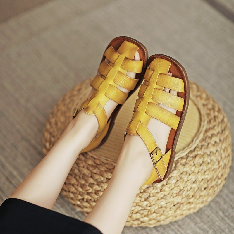 Fisherman Shoes Genuine Leather Gladiator Sandals Flat Slingback Side Buckle in Yellow/Beige/Brown 7 / Beige