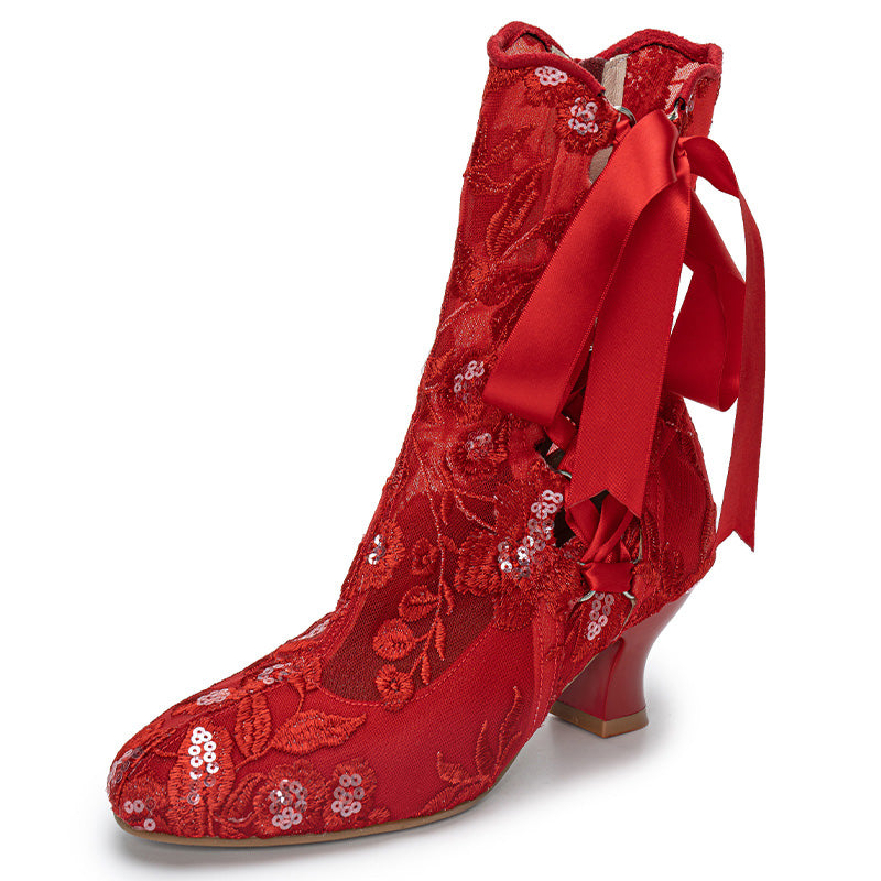 Handmade Victorian Edwardian Lace-Up Bridal Boots Vintage Embroidered Wedding Short Boots in Red/Black/Beige