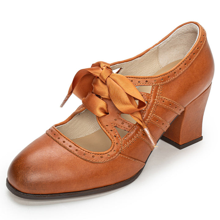 Vintage Brogue Ribbon Tie Mary Jane Heels Handmade Leather Cutout Pumps in Light Brown