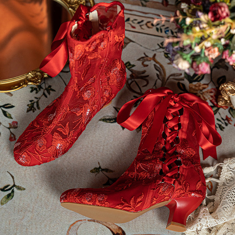 Handmade Victorian Edwardian Lace-Up Bridal Boots Vintage Embroidered Wedding Short Boots in Red/Black/Beige