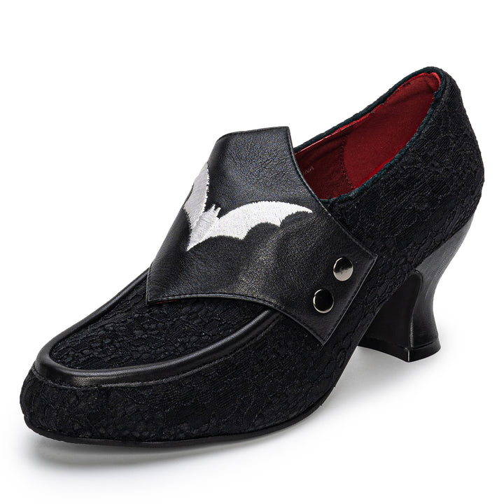 Escarpins en Cuir Brodés de Chauve-Souris Gothiques Faits Main, Talons de Sorcière Vintage pour Femmes en Noir