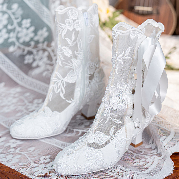 Handmade Victorian Edwardian Lace-Up Bridal Boots Vintage Embroidered Wedding Short Boots in Red/Black/Beige