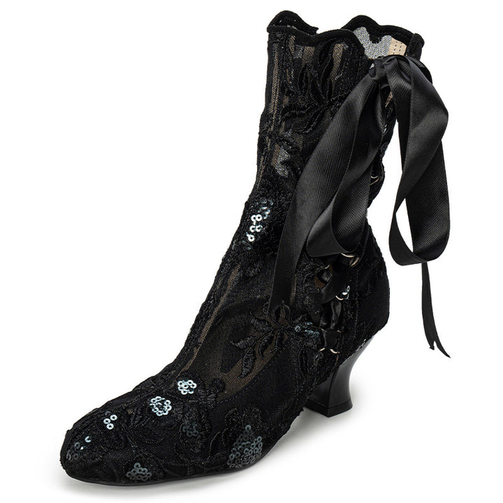 Handmade Victorian Edwardian Lace-Up Bridal Boots Vintage Embroidered Wedding Short Boots in Red/Black/Beige