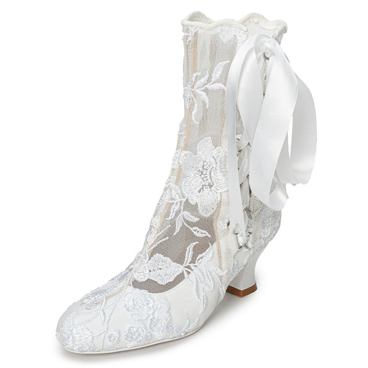 Handmade Victorian Edwardian Lace-Up Bridal Boots Vintage Embroidered Wedding Short Boots in Red/Black/Beige