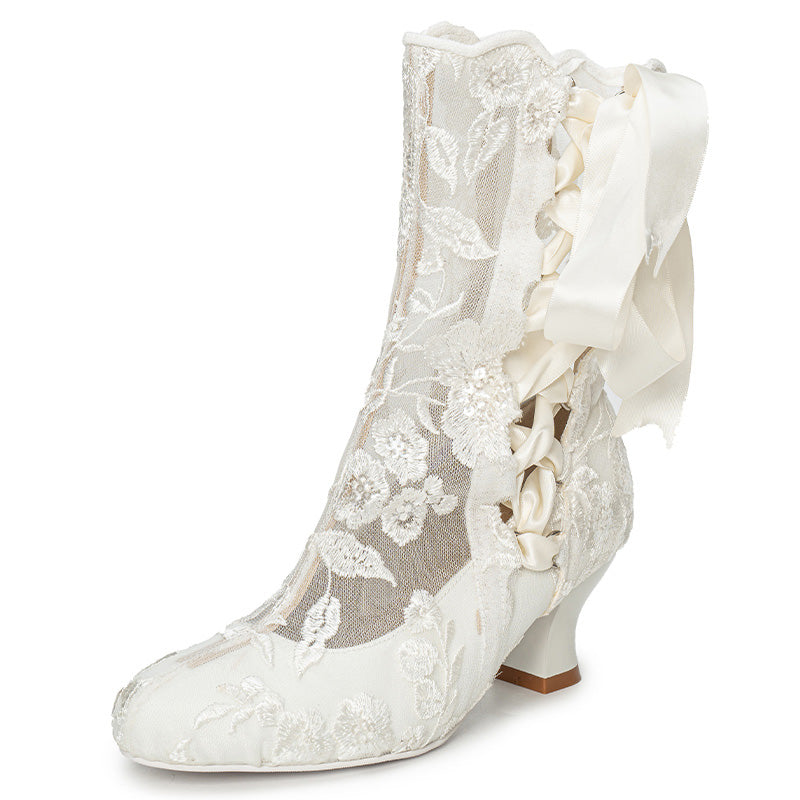 Handmade Victorian Edwardian Lace-Up Bridal Boots Vintage Embroidered Wedding Short Boots in Red/Black/Beige