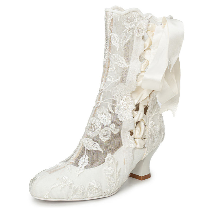 Handmade Victorian Edwardian Lace-Up Bridal Boots Vintage Embroidered Wedding Short Boots in Red/Black/Beige