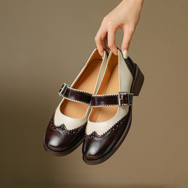 Handmade Two-Tone Leather Brogue Mary Jane Shoes for Women in Dark Brown/Black