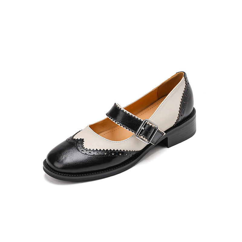 Handmade Two-Tone Leather Brogue Mary Jane Shoes for Women in Dark Brown/Black