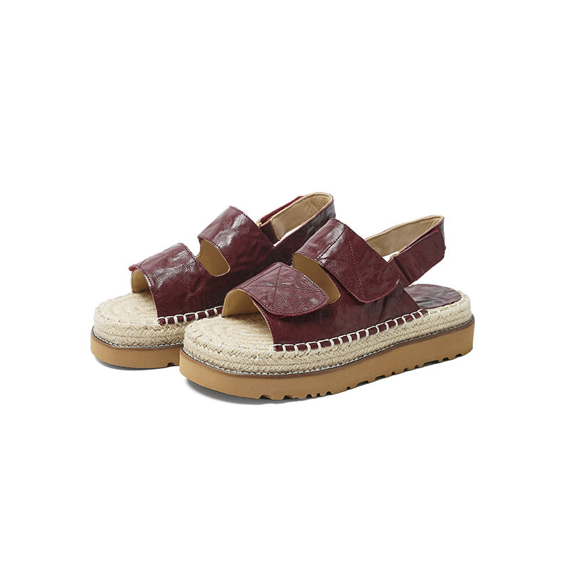 Sandales en cuir espadrilles à talon ouvert bohémiens pour femmes en rouge vin/marron