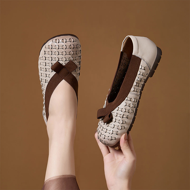 Mocassins à enfiler perforés rétro Mori Girl pour femmes en beige/café/jaune
