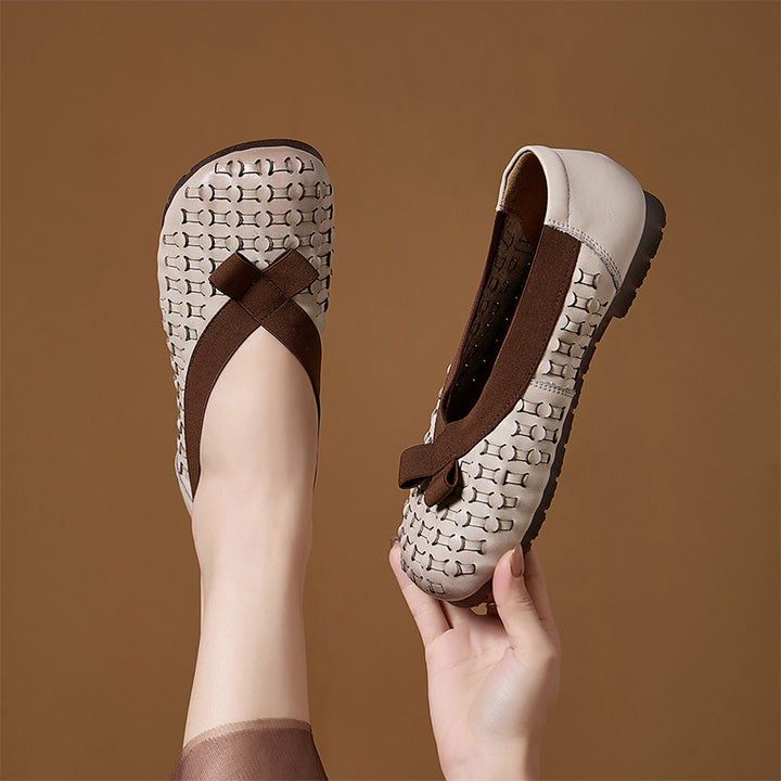 Mocassins à enfiler perforés rétro Mori Girl pour femmes en beige/café/jaune