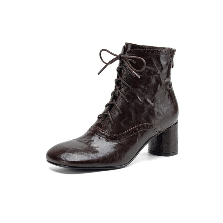 Square Toe Brogue Lace-Up Ankle Boots Glove-Like Retro Short Boots in Black/Brown