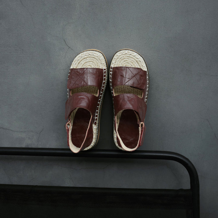 Sandales en cuir espadrilles à talon ouvert bohémiens pour femmes en rouge vin/marron