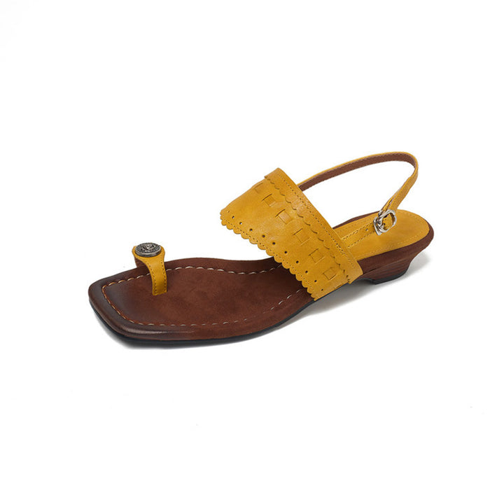 Handmade Horse Leather Boho Toe Ring Wedge Slingback Sandals in Yellow/Brown/Dark Green