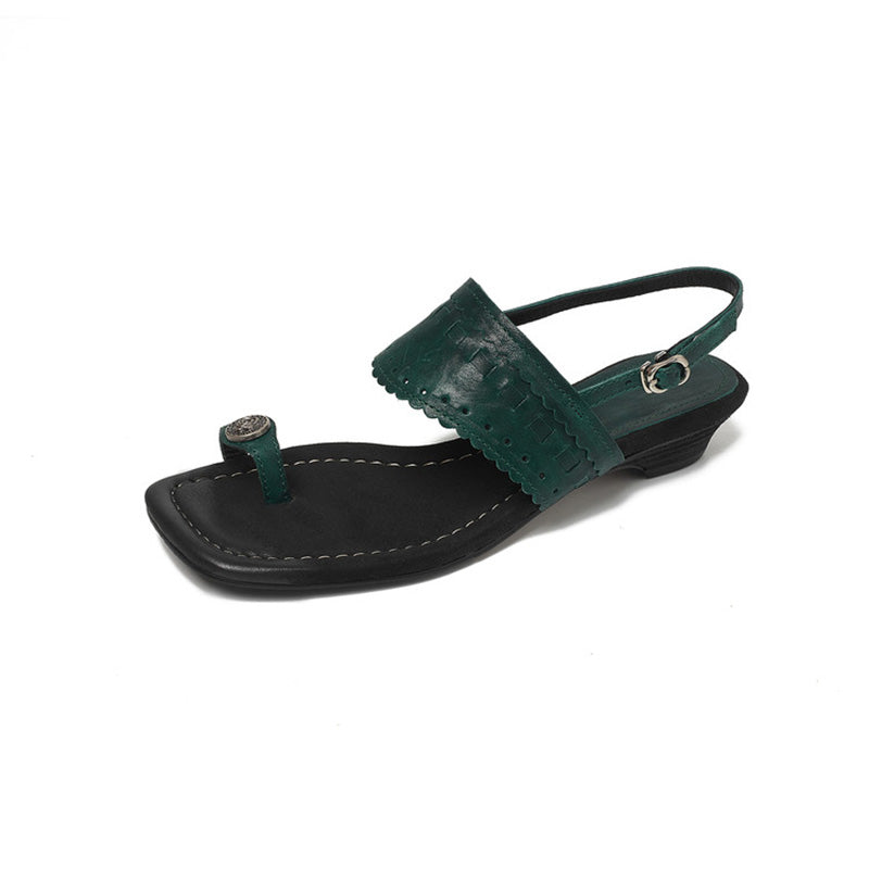 Handmade Horse Leather Boho Toe Ring Wedge Slingback Sandals in Yellow/Brown/Dark Green