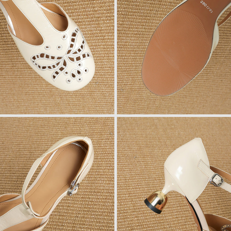 Elegant Handmade Cowhide Cutout T-Strap Mary Jane Pumps in Beige/Silver/Yellow