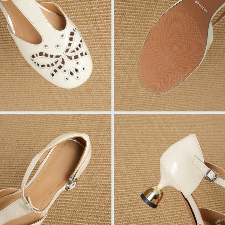 Elegant Handmade Cowhide Cutout T-Strap Mary Jane Pumps in Beige/Silver/Yellow